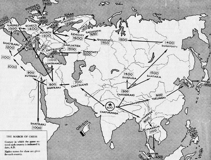 Map showing the spread of chess throughout history