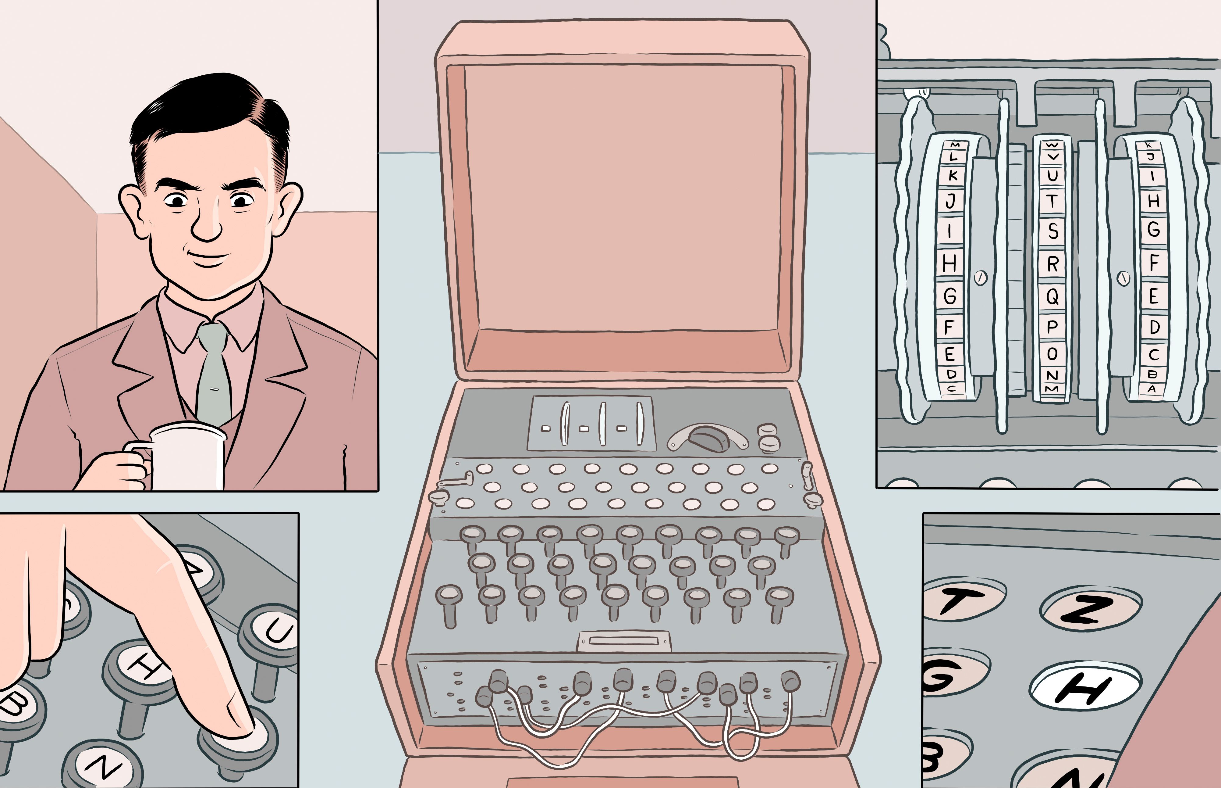 Illustration of Alan Turing and the Enigma Machine
