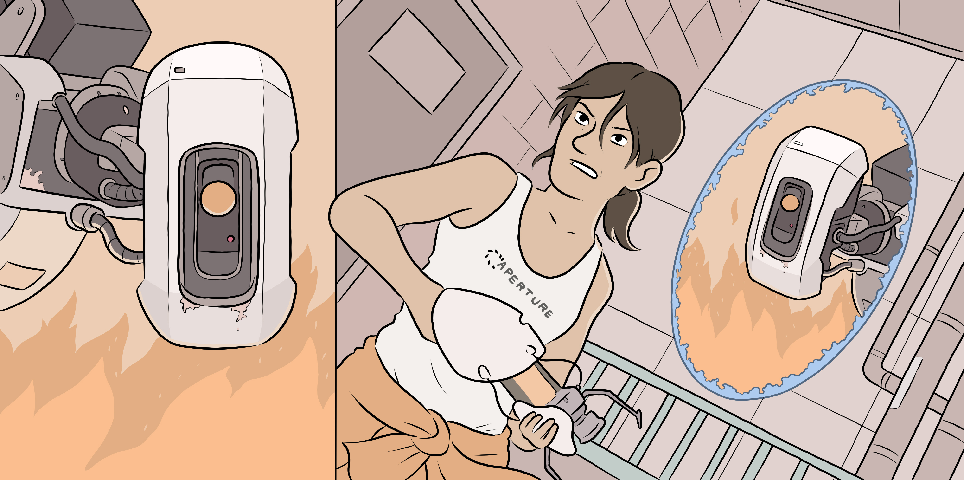 Image of Chell from Portal escaping GLADOS